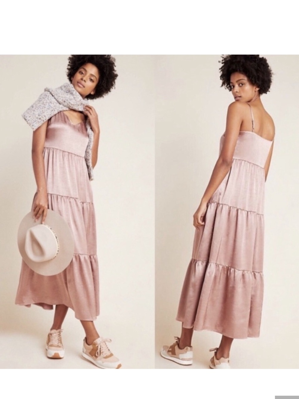 Ro & De Blush Satin Tiered Maxi Dress